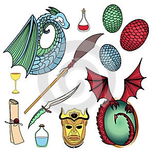 Set of magic icons. Dragon, dragon eggs, magic potion, harpy mask. Halberd and obsidian dagger. Illustration isolated on white