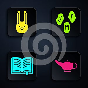 Set Magic lamp or Aladdin, Rabbit with ears, Ancient magic book and Magic runes. Black square button. Vector