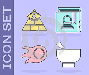 Set Magic mortar and pestle, Masons, Fireball and Ancient magic book icon. Vector