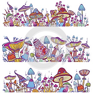 Set of Magic mushrooms, Psychedelic hallucination art