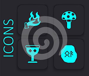 Set Magic runes, Hand holding fire, Psilocybin mushroom and Medieval goblet icon. Black square button. Vector
