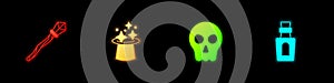 Set Magic staff, hat, Skull and Bottle with potion icon. Vector