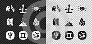 Set Magic stone, Libra zodiac, Diamond, Neptune planet, Gemini, Tarot cards, runes and powder icon. Vector