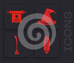 Set Magic stone, Magic scroll, Witch hat and Witches broom icon. Vector