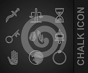 Set Magic stone, Moon, Ouroboros, Ringing alarm bell, Hamsa hand, Old key, hourglass with sand and Dagger icon. Vector