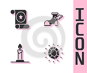 Set Magic stone, scroll, Burning candle in candlestick and Hermes sandal icon. Vector