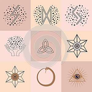Set of magic symbols, celestial seamless pattern. Astrological, magical and esoteric symbols