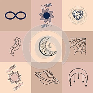 Set of magic symbols, celestial seamless pattern. Astrological, magical and esoteric symbols