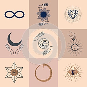 Set of magic symbols, celestial seamless pattern. Astrological, magical and esoteric symbols