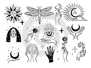 Set of magic symbols, witch tattoos. Crescent moon, sun with face, hands with plants, magic ball and stars. Black linear