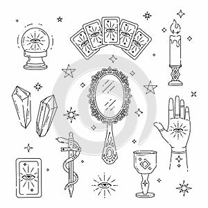 Set of magic symbols, witch tattoos, prediction, tarot cards