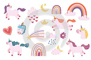 Set Magic Unicorns, Rainbows, Heart, Star, Crescent, Clouds, Comet, Flower And Crown. Cute Cartoon Pony Or Horse