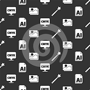 Set Magic wand, AI file document, Speech bubble with text CMYK and Picture landscape on seamless pattern. Vector