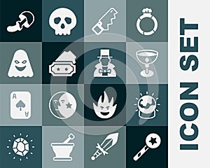 Set Magic wand, ball, Medieval goblet, Hand saw, Ticket, Ghost, Psilocybin mushroom and Magician icon. Vector