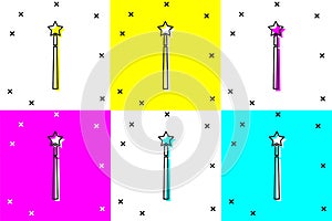 Set Magic wand icon isolated on color background. Star shape magic accessory. Magical power. Vector