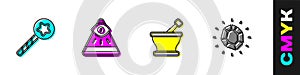 Set Magic wand, Masons, Mortar pestle and stone icon. Vector