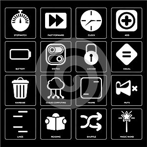 Set of Magic wand, Shuffle, Lines, Frame, Garbage, Locked, Battery, Clock, Stopwatch icons