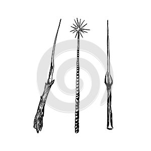 Set of magic wands. Hand drawn sketch illustration. Vector black ink drawing isolated on white background. Grunge style photo