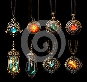 Set of magical amulets, intricately fashioned from gold and embedded with precious magic stones isolated on black background. photo