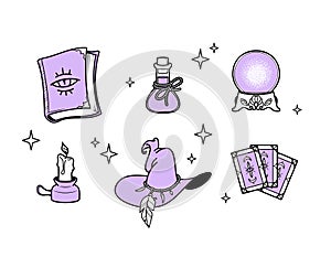 A set of magical items, magician's magic hat, witch's magic potion, spell book, magic ball and tarot cards