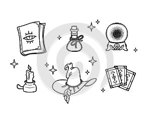 A set of magical items, magician's magic hat, witch's magic potion, spell book, magic ball and tarot cards