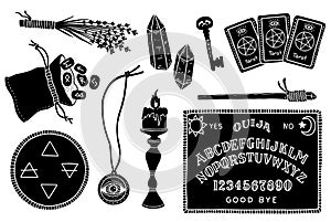 A set of magical and mystical items for fortune telling and spiritualism. Occult and esoteric subjects.