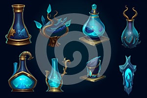 Set of magical potion bottles. Neural network AI generated art