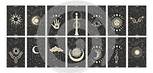 Set of magical tarot cards. Mystical occult illustrations, bohemian spiritual astrology templates, witch vector