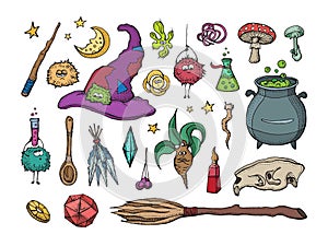 Set of Magician and alchemy tools: skull, crystal, roots, potion, feather, mushrooms, hat. Halloween collection of