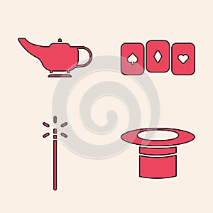 Set Magician hat, Magic lamp or Aladdin, Playing cards and Magic wand icon. Vector