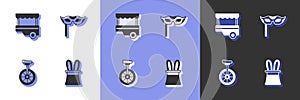 Set Magician hat and rabbit ears, Fast street food cart, Unicycle and Festive mask icon. Vector