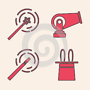 Set Magician hat and rabbit ears, Magic wand, Cannon and Magic wand icon. Vector