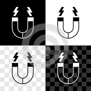 Set Magnet icon isolated on black and white, transparent background. Horseshoe magnet, magnetism, magnetize, attraction