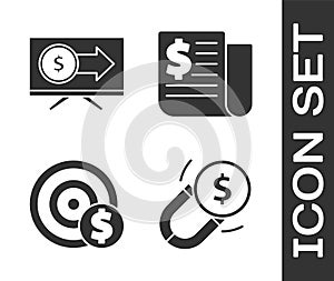 Set Magnet with money, Monitor with dollar, Target with dollar symbol and Financial news icon. Vector