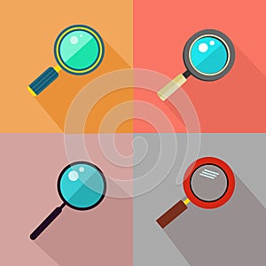 Set of magnifiers. Simple flat badges with long shadow. Vector illustration
