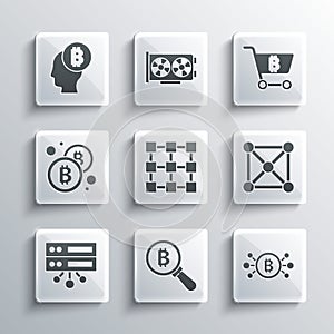 Set Magnifying glass with Bitcoin, circuit, Blockchain technology, Server, think and Shopping cart bitcoin icon. Vector