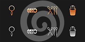 Set Magnifying glass, Blanket roll, Match stick and Bucket icon. Vector