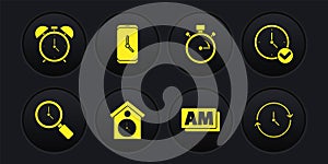 Set Magnifying glass with clock, Clock, Retro wall watch, AM, Stopwatch, Alarm app mobile, and icon. Vector