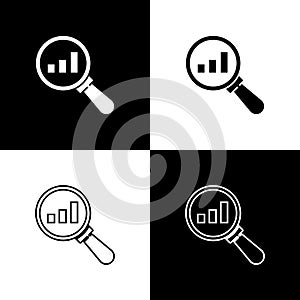 Set Magnifying glass and data analysis icon isolated on black and white background. Vector