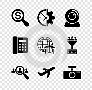 Set Magnifying glass and dollar, Clock gear, Web camera, for search people, Plane and Car DVR icon. Vector