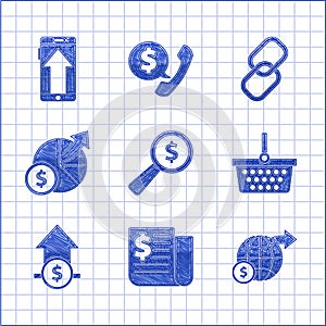 Set Magnifying glass and dollar, Financial news, Earth globe with, Shopping basket, growth coin, Money diagram graph