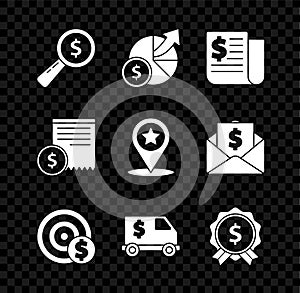 Set Magnifying glass and dollar, Money diagram graph, Financial news, Target with symbol, Armored truck, Price tag