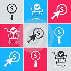 Set Magnifying glass and dollar, Shopping cart with check mark and Cursor and coin icon. Vector