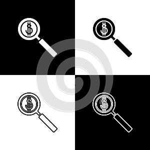 Set Magnifying glass and dollar symbol icon isolated on black and white background. Find money. Looking for money