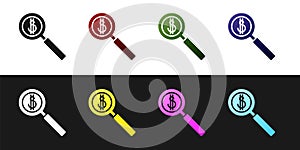 Set Magnifying glass and dollar symbol icon isolated on black and white background. Find money. Looking for money.  Vector
