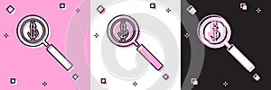 Set Magnifying glass and dollar symbol icon isolated on pink and white, black background. Find money. Looking for money