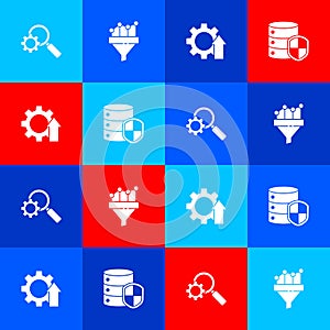 Set Magnifying glass and gear, Sales funnel with chart, Arrow growth and Server shield icon. Vector