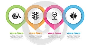 Set Magnifying glass with globe, Traffic light, Stop sign and Wind rose. Business infographic template. Vector.