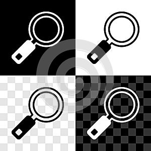 Set Magnifying glass icon isolated on black and white, transparent background. Search, focus, zoom, business symbol