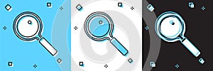 Set Magnifying glass icon isolated on blue and white, black background. Search, focus, zoom, business symbol. Vector
